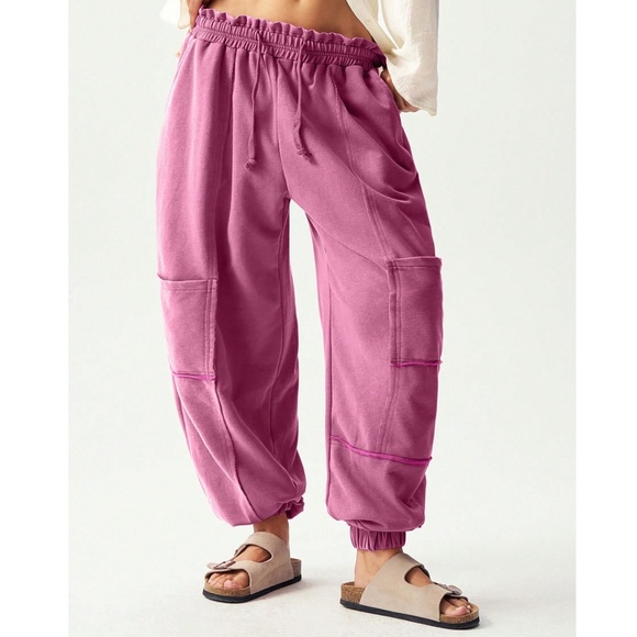 Hot Pink Reverse Stitch Pockets Stretchy Waist Jogger Pants